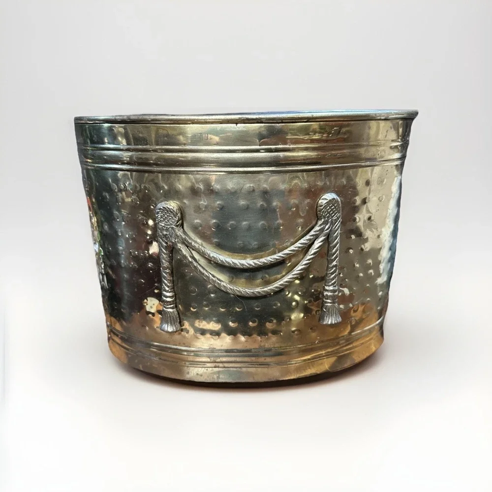 Vintage Solid Brass‎ Hammered Magazine or Kindling Holder Rope Style Detail